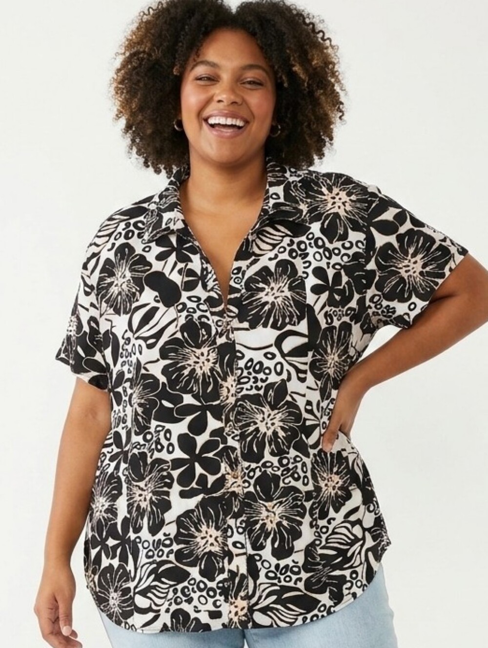 Coconut Cafe Plus Size Black and White Floral Button Down Shirt
